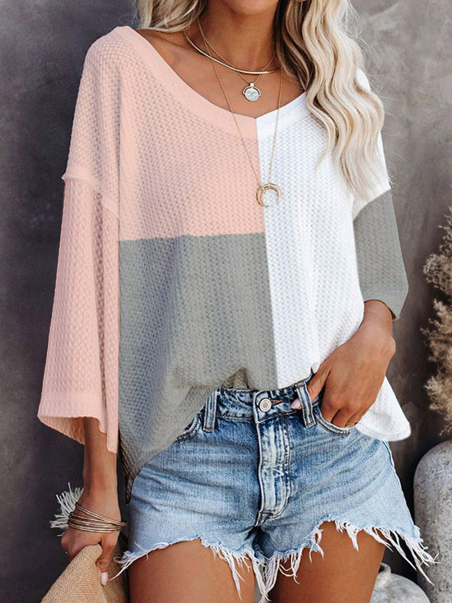 Autumn New Multi-color Long-sleeved Top Women's Casual Style Waffle Sweater