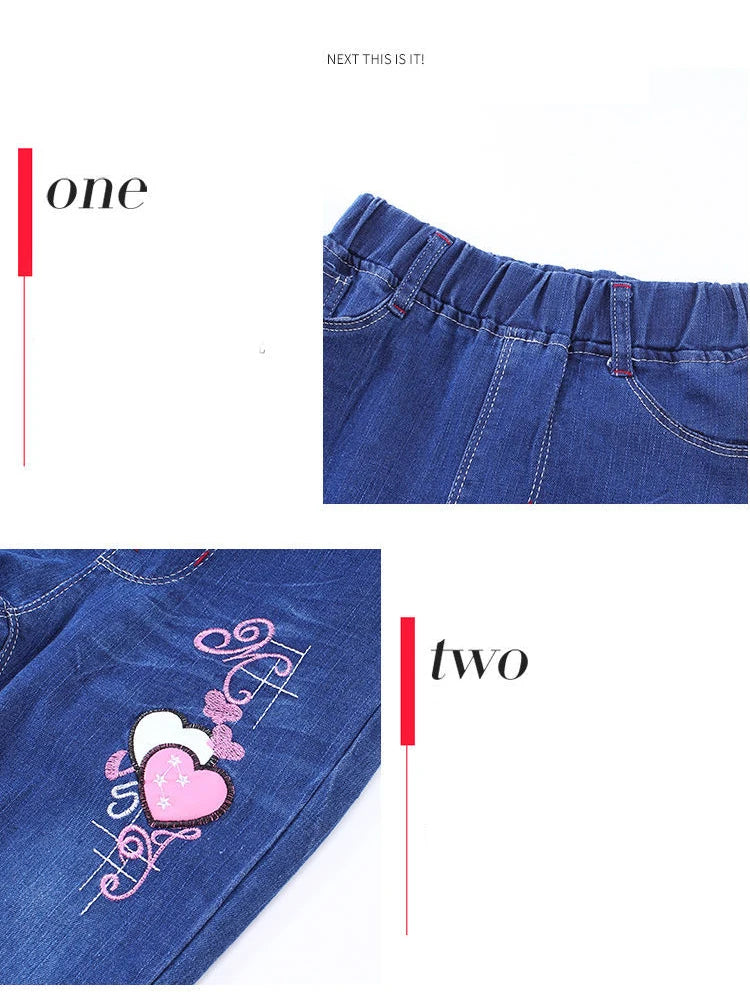 4-12 Years Spring and Autumn Casual Kids Embroidery Love Design Kids Jeans Trousers Girls Jeans Pants Teen Children's Clothing