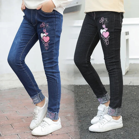 4-12 Years Spring and Autumn Casual Kids Embroidery Love Design Kids Jeans Trousers Girls Jeans Pants Teen Children's Clothing