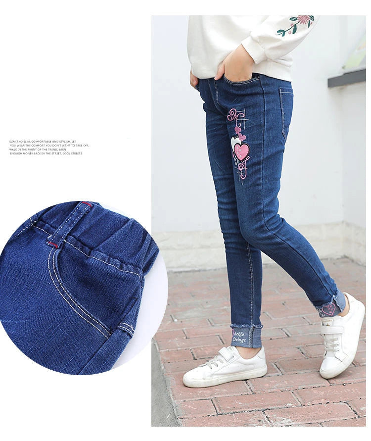 4-12 Years Spring and Autumn Casual Kids Embroidery Love Design Kids Jeans Trousers Girls Jeans Pants Teen Children's Clothing