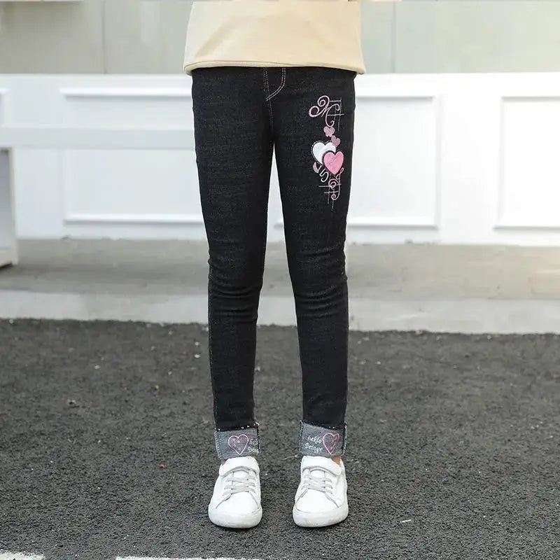 4-12 Years Spring and Autumn Casual Kids Embroidery Love Design Kids Jeans Trousers Girls Jeans Pants Teen Children's Clothing