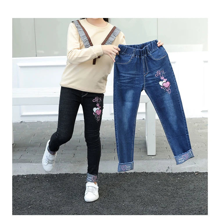 4-12 Years Spring and Autumn Casual Kids Embroidery Love Design Kids Jeans Trousers Girls Jeans Pants Teen Children's Clothing