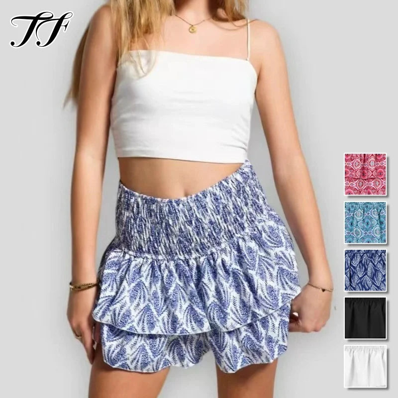 2024 New Pleated Skirt Womens Summer Beach Y2k Miniskirt for Ladies Vestido De Mujer Fashion Boho Ruffle Printed Vintage Skirts